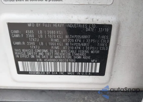 2011 Subaru Outback 2.5I Premium from USA, damaged, VIN 4S4BRBGC8B3381880